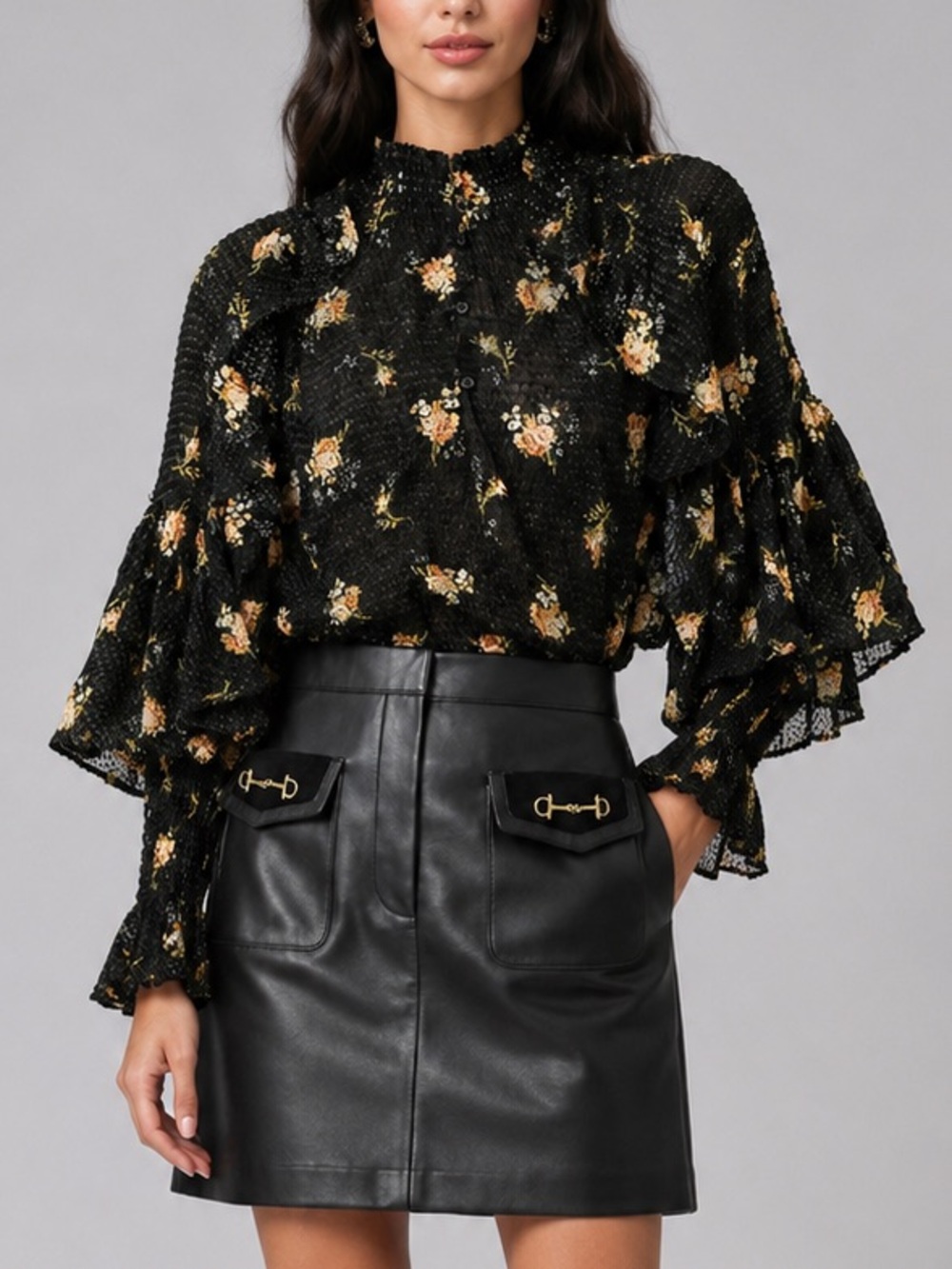 🆕⭐️Maje Floral Textured Blouse Black Ruffle Romantic Boho Top Size L Chic Office